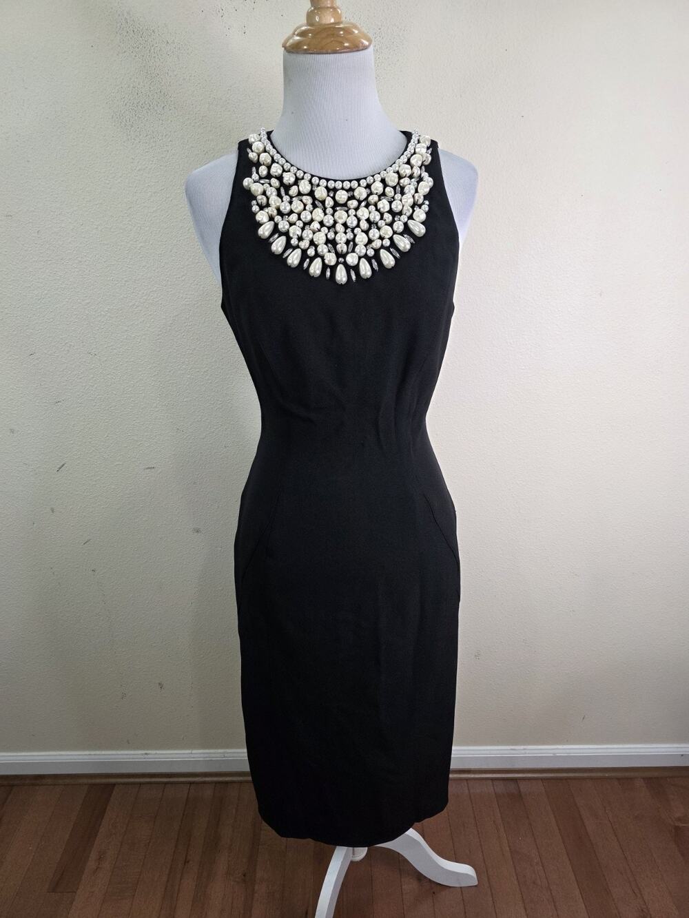 Maggy London Little Black Sheath Dress Sleeveless Peal Bib Size 6 Cocktail